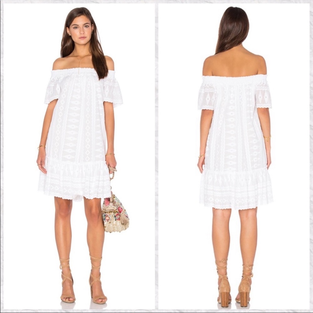 Rebecca Taylor Off Shoulder Embroidered Cotton Trapeze Dress